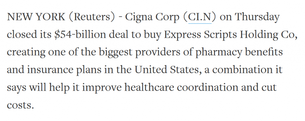 Cigna Corp köper Express Script Holdings i mars 2018. Text från Reuters